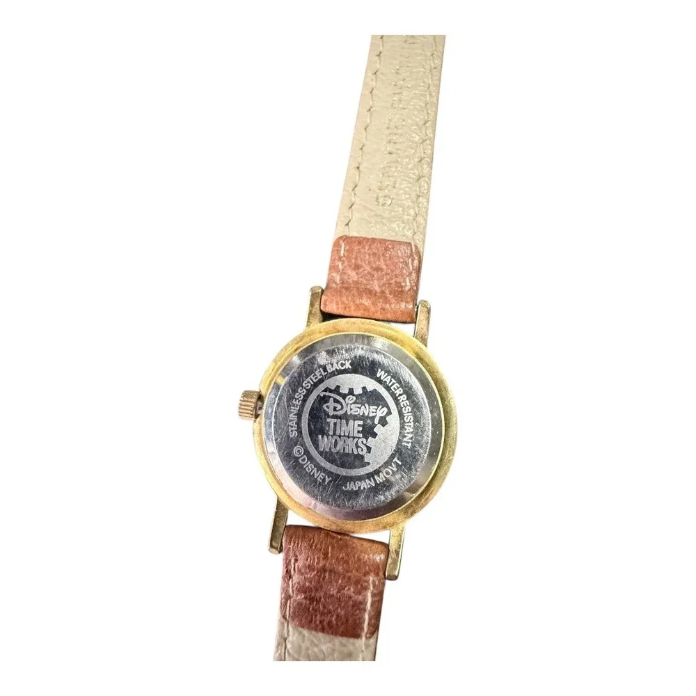 Vintage Disney Minnie Mouse Watch Tan Leather Band Rhinestone Bezel Quartz Gold